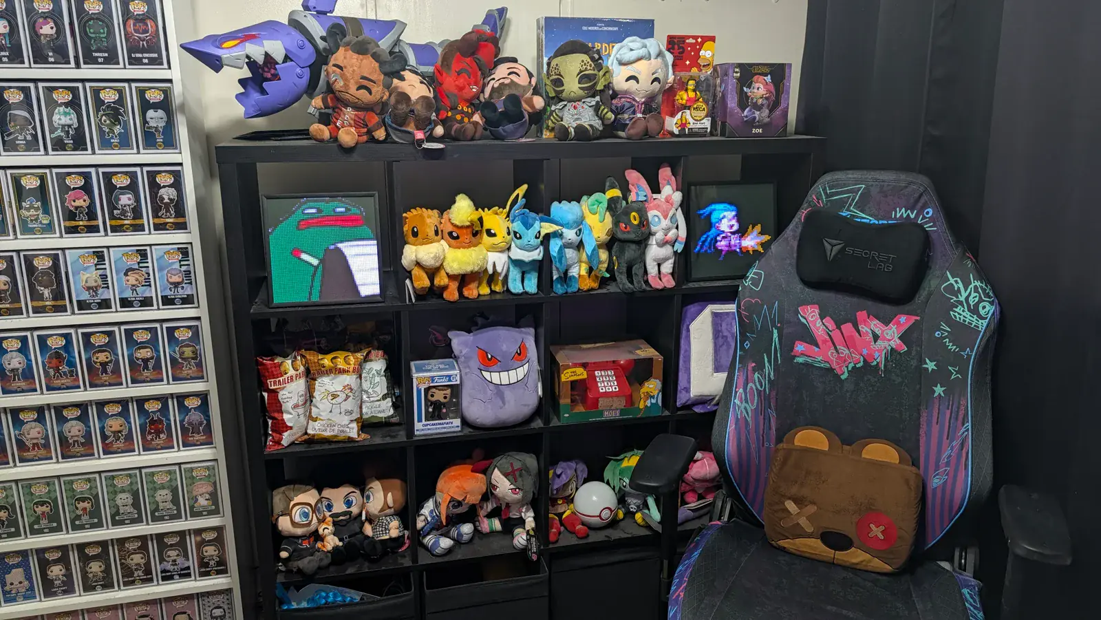 CupcakeMafiaTV plushie and Funko shelf